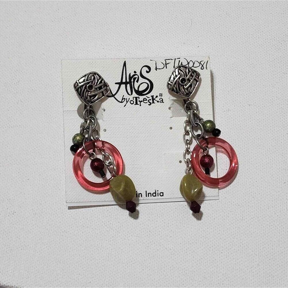 Aris by Treska Clip On Drop Earrings Silver Tone Pink Green Beaded Boho India